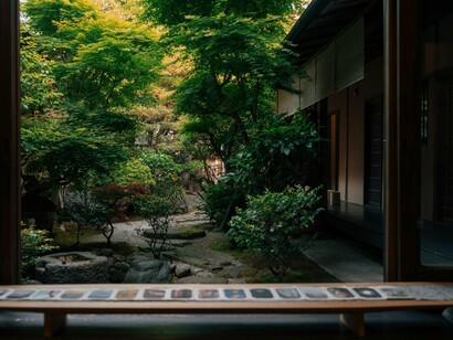 A tranquil interior framing a lush courtyard garden, representing the seamless dialogue between architecture and nature