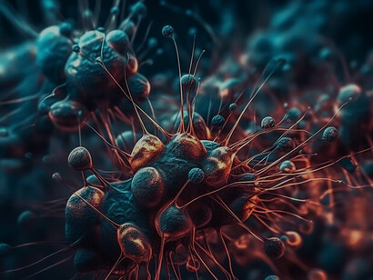 A captivating depiction showcasing the intricate world of infected cells, providing insight into the dynamics of viral invasion and its profound effects on cellular structures