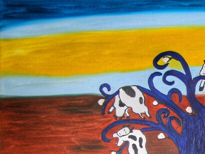 Dans ce paysage au coucher du soleil, les vaches naissent du baobab comme des fruits improbables, suspendues entre ciel et terre dans un équilibre aussi poétique qu’absurde