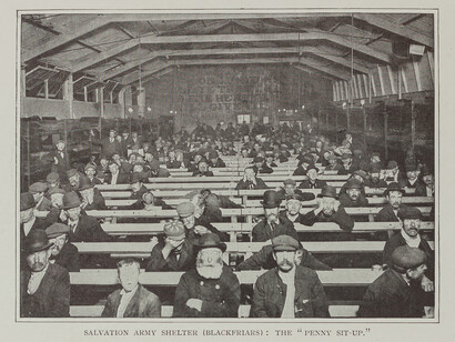 A ‘penny sit-up’ in a Salvation Army shelter in Blackfriars, London, c.1900. Photograph published in Living London (Cassell, 1901). Credit: Geffrye Museum of the Home