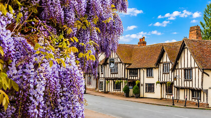 Exterior view of The Swan at Lavenham Hotel & Spa in the medieval village of Lavenham, Suffolk, England