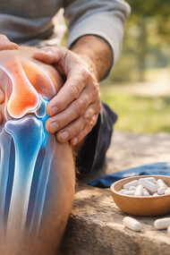 An adult gently supports a sore knee, illustrating the everyday reality of joint strain and the growing interest in glucosamine for long-term joint support