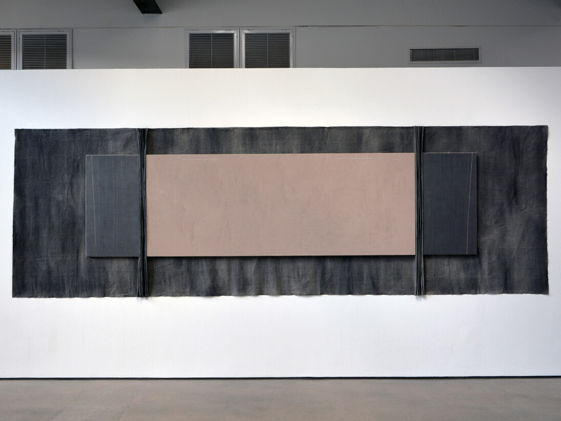 N. Dash. Untitled, 2013. Adobe, jute, linen, twine, graphite, gesso, acrylic, wood support. 57 x 180 in. (144.8 x 457.2 cm)