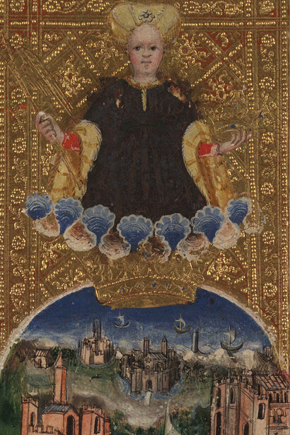 World, from The Visconti Tarot
Workshop of Bonifacio Bembo (Italian, active ca. 1442–77; d. before 1482)
Italian, Milan, ca. 1450
Paper (pasteboard) with opaque paint on tooled gold ground
7 ⅜ × 3 ½ in. (18.9 × 9 cm)
Beinecke Rare Book & Manuscript Library, Yale University,
New Haven, Connecticut (ITA 109)
Image: © Beinecke Rare Book and Manuscript Library, Yale University, New Haven
