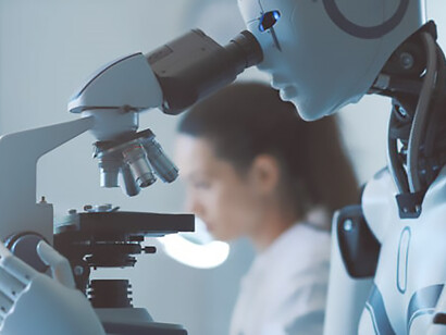 Lab operations with cutting-edge AI robot, seamlessly examining samples under a powerful microscope for unmatched precision and efficiency