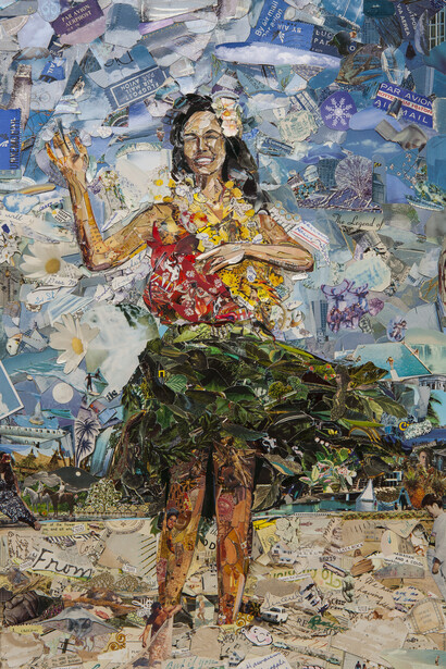 Vik Muniz, Hula Dancer (Postcards from Nowhere), 2014, Digital C-print, 253.7 x 180.34 cm (99 ⅞ x 71 in.), Edition of 6 + 4 AP, 101.6 x 143 cm (40 x 56 ⅓ in.), Edition of 6 + 4 AP