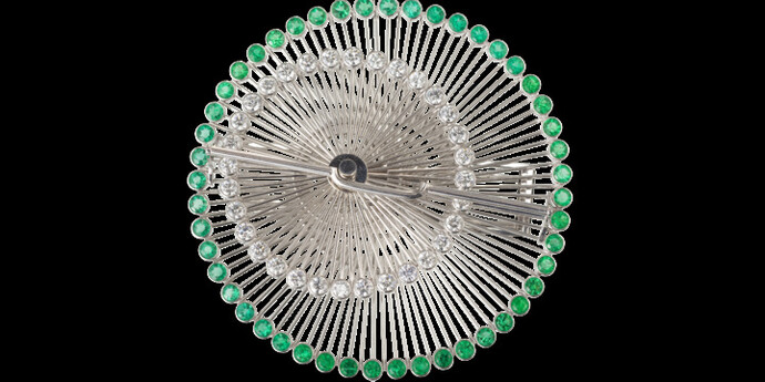 Kinetic Brooch, Friedrich Becker (1922-1997)designed in 1968, executed in 1993Düsseldorf white gold with emeralds and brilliants 3 cm