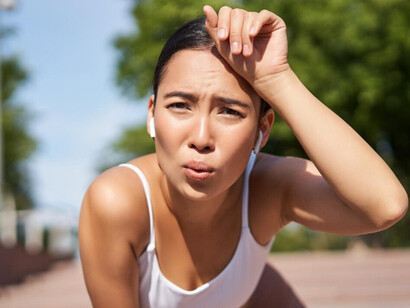 A tired young female runner taking a break from jogging, feeling the pressure