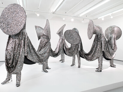 Nari Ward, We The People, 2011. In collaboration with The Fabric Workshop and Museum, Philadelphia. Installation view, Lehmann Maupin, New York, 2012. Courtesy of the artist and Lehmann Maupin. Photo: Gregory LaRico.