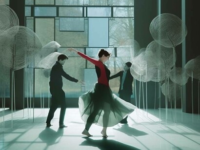 Spettacolo di danza in una città futuristica, immagine realizzata con IA