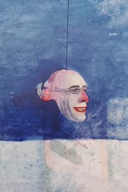 Colin Self (born 1941), Humanity Hanging by a Thread, autumn/winter 1962, Oil on canvas, 1220 x 1000 mm, Private collection, © Colin Self. All rights reserved DACS 2025. A work which highlights the precariousness of the present geopolitical and human condition alloyed with supreme draughtsmanship and painterly understatement