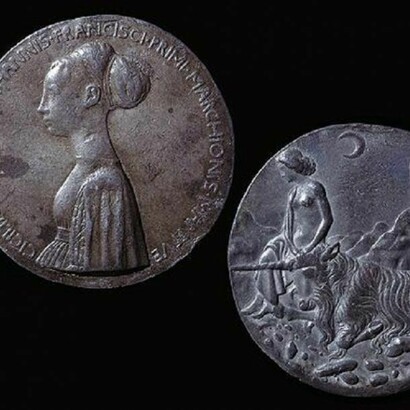 Portrait medal by Pisanello dated 1447 of Cecilia Gonzaga. The first woman medal know.