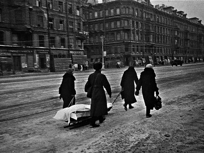 Leningrad under siege: a funeral procession moving along Nevsky Prospect during World War II, Soviet Union