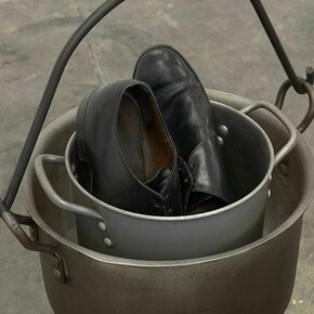 Phillip Lai Untitled, 2011, wood, varnish, lamp, concrete, leather shoes, cooking pots, 217 x 81 x 34 cm