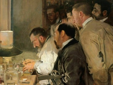 Esta célebre obra del pintor español Joaquín Sorolla, Una investigación (1897), captura a la perfección esa dualidad entre ciencia y humanismo que definió la vida del Dr. Juan Jaramillo Antillón