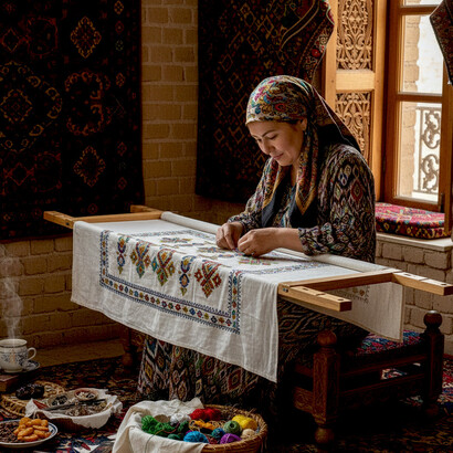 An Uzbek master craftswoman carefully creates a suzani-style tablecloth, keeping the ancient tradition of hand embroidery alive