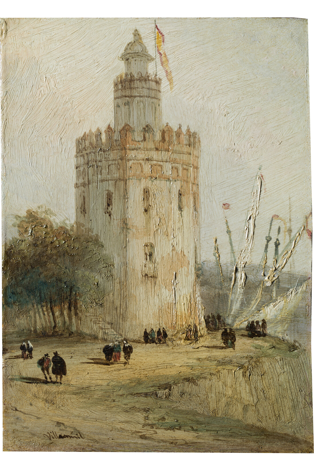 Vista de la Torre del Oro (Sevilla), Díptico con 42 Vistas Monumentales de Ciudades Españolas, Peréz Villaamil, Óleo sobre hojalata y marco neo gótico, 17,8 x 12,5 cm, Madrid, Museo Nacional del Prado