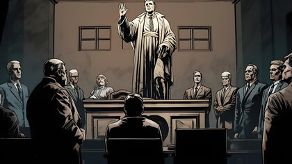 An illustrated courtroom scene captures the essence of justice, jury deliberation, and the tension of a courtroom drama