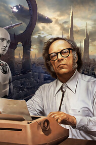 Isaac Asimov sits at his typewriter as a humanoid robot looms behind him, embodying the uneasy boundary between human imagination and the autonomous future he once envisioned