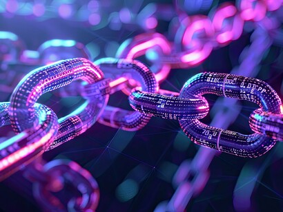 A glowing digital chain with embedded data symbolizes the fusion of technology and legal systems, reflecting the Princonser method’s concept of interaction, where legal norms evolve through their connection with technological advancements