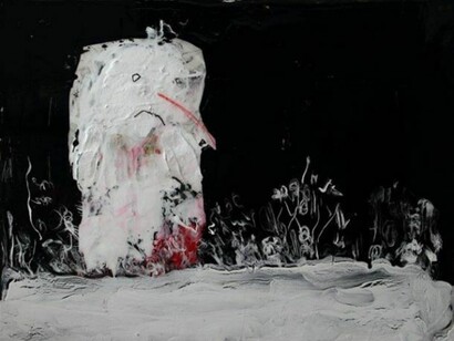 Neil Farber, A Man and HIs Garden, acrylic on birch panel, 18h x 24w in.