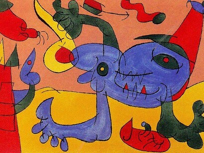 Joan Mirò, Suites pour Ubu Roi, (1966). È un bambino, malgrado la stazza e l'icastica «ventraglia» che ne materializza la smisurata bulimia, e con l'aggravante d'essere un bambino al potere, dominato da autocratiche pulsioni e incapace di trovare un equilibrio fra i suoi appetiti e le risorse in grado di saziarle