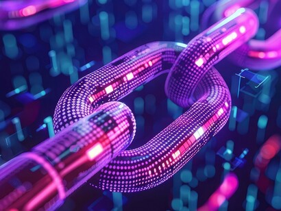 A futuristic digital chain illuminated with data streams. As blockchain technology ensures transparency and trust in digital contracts, business law continuously transforms to regulate and integrate emerging innovations, maintaining stability and adaptability in the global economy