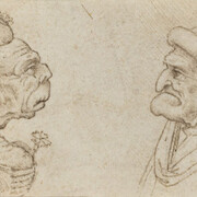 Leonardo was the first artist to explore facial appearance for its own sake. It is doubtful that these drawings were caricatures of actual individuals. Rather, they represent types. Some suggest an attempt to capture the physical manifestation of an emotion and relate to figures in his paintings. Most, however, seem to arise from the imagination, with no specific source or purpose. This pair of studies was surely created in Leonardo’s studio, probably by his most faithful pupil, Francesco Melzi. Francesco Melzi, after Leonardo da Vinci, Two Grotesque Heads, 1510s?, pen and brown ink, Gift of Mrs. Edward Fowles, 1980


