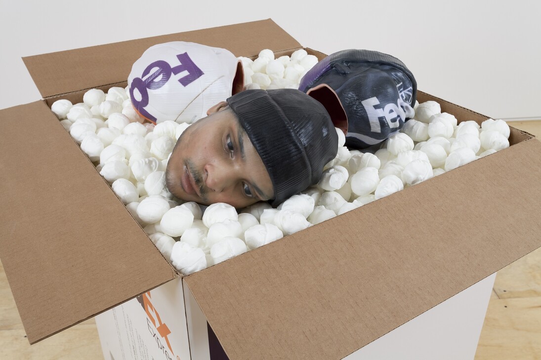 Josh Kline, Packing for Peanuts (Fedex Worker’s Head with Knit Cap), 2014.
Courtesy the artist, Zabludowicz Collection and 47 Canal, New York.
Photo: Joerg Lohse 

