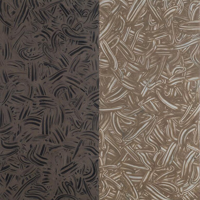 Richard Long, Africa Dub, 2014, A two panel carborundum relief printed in Burnt Umber/Raw Umber/Lemon Yellow/Orient Blue ink mix on Moulin Du Gue 350 gsm paper, left panel painted in Carbon Black/Cobalt blue mix acrylic wash, right panel in a Graphite Grey/Paynes Grey/Zinc White mix acrylic wash. Overall 239.5 x 233 cm, Edition of 5, Courtesy Richard Long and Alan Cristea Gallery, London
