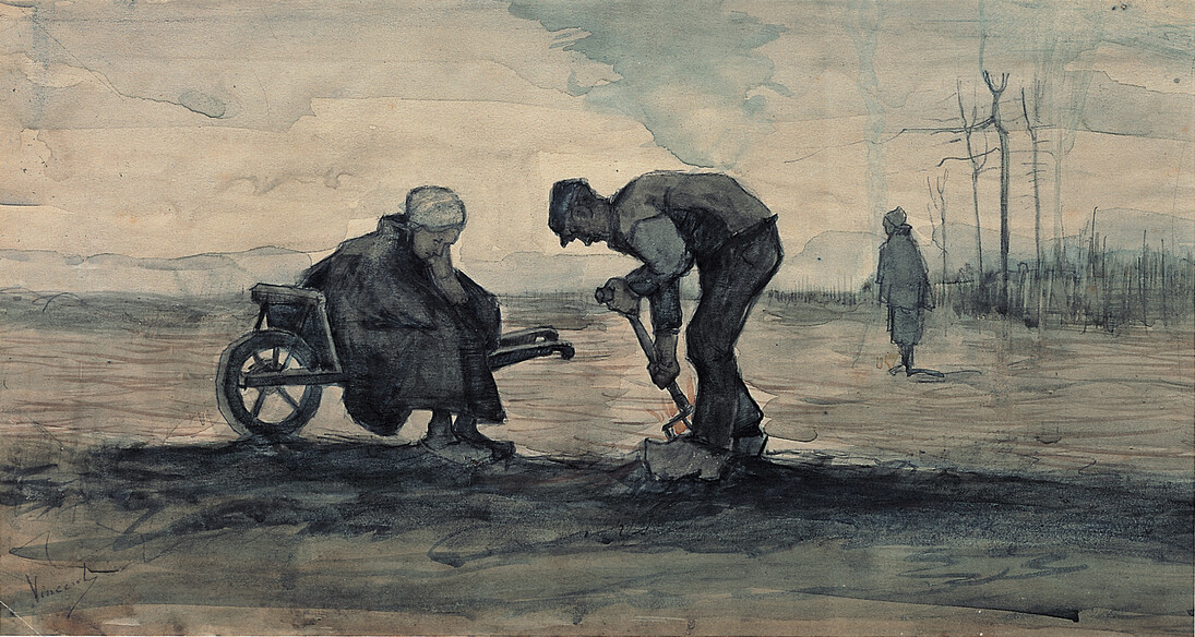 Vincent van Gogh, Contadino che brucia le erbacce insieme a sua moglie, Acquerello su carta, cm 19,4 x 36, 1883 Caldic Collectie, Wassenaar