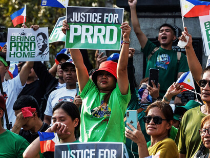 Chants of “Free Duterte” ring out during a large-scale protest, as people express outrage over the perceived violation of national sovereignty