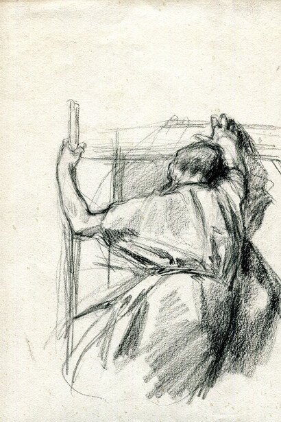 Giuseppe Mentessi, Pellegrino con bastone – Studio per “Ramingo”, c. 1909; carboncino su carta, mm. 326 x 254; Modena, collezione AssiCoop Ferrara&Modena