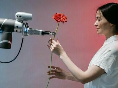 Mulher recebe flor de robô. A inteligência artificial também tem impacto significativo no bem-estar físico, auxiliando no monitoramento da saúde e no incentivo a hábitos saudáveis. Os assistentes fitness, por exemplo, analisam padrões de exercícios e sugerem treinos personalizados conforme o perfil do usuário

