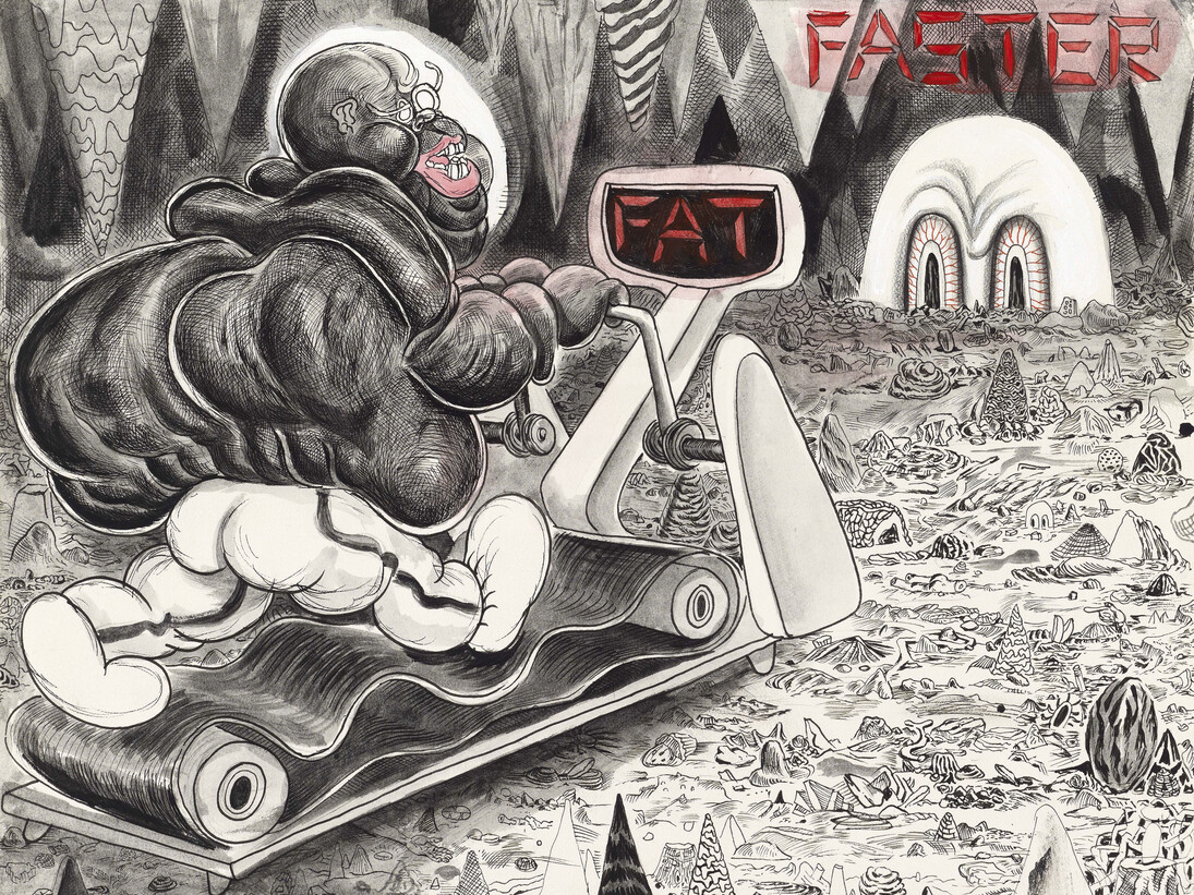 Trenton Doyle Hancock, Faster, 2010, Acrylic, mixed media on paper, 13 ½ x 16 inches, Zang Collection, London. Courtesy the artist and James Cohan Gallery, New York
