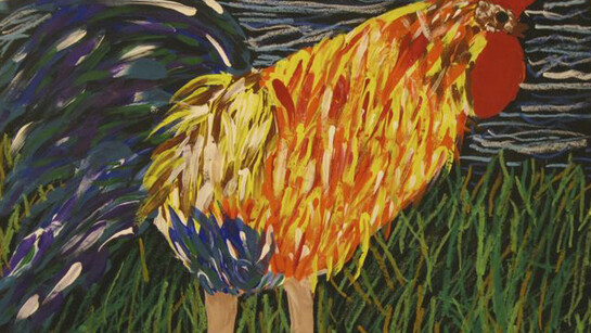 The Red Rooster, Dharmesh Seenanan, Age 9, Grade 3, P.S. 161, Queens, Art Teacher: Debbie Rich, Tempera and oil pastel on paper. Courtesy New York City Department of Education