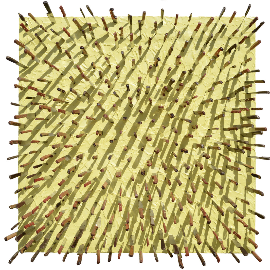 Farhad Moshiri, "Wooden Knife in Yellow" 2014, Acrylic and knives on canvas on board, 67 x 67 inches / 170 x 170 cm, Courtesy Galerie Perrotin