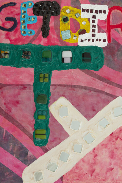 Samuel Jablon, Get Dirty, 2014, acrylic, glass tile, and fused glass on wood, 40 x 30. Courtesy of the artist and Freight+Volume