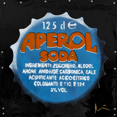 Marcello Reboani, Aperol Soda, 2015, tecnica mista con materiali di recupero, 62 x 62 cm, ph Giorgio Benni