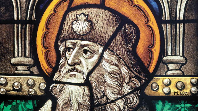 Frammento di vetrata con san Giacomo in abiti da pellegrino, Colonia o Basso Reno, ultimo quarto del XV secolo, Vetri colorati, pittura a grisaglia, piombo, Colonia, Museum Schnütgen