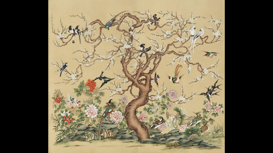 Hyunjoo Cho, Birds and Flowers, 68x70 inches. Courtesy of Kate Oh gallery