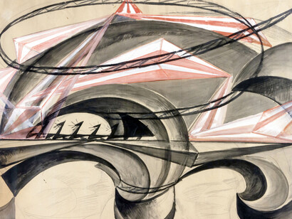 Giacomo Balla, Ponte della velocità, olio magro su carta, 68 x 96 cm. Collezione privata