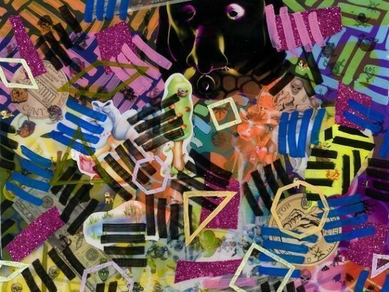 John Walter, Hot Corners, Digital print, resin, temporary tattoos, acrylic, vinyl, paint pen and collage on canvas, 61 x 76cm, 2013