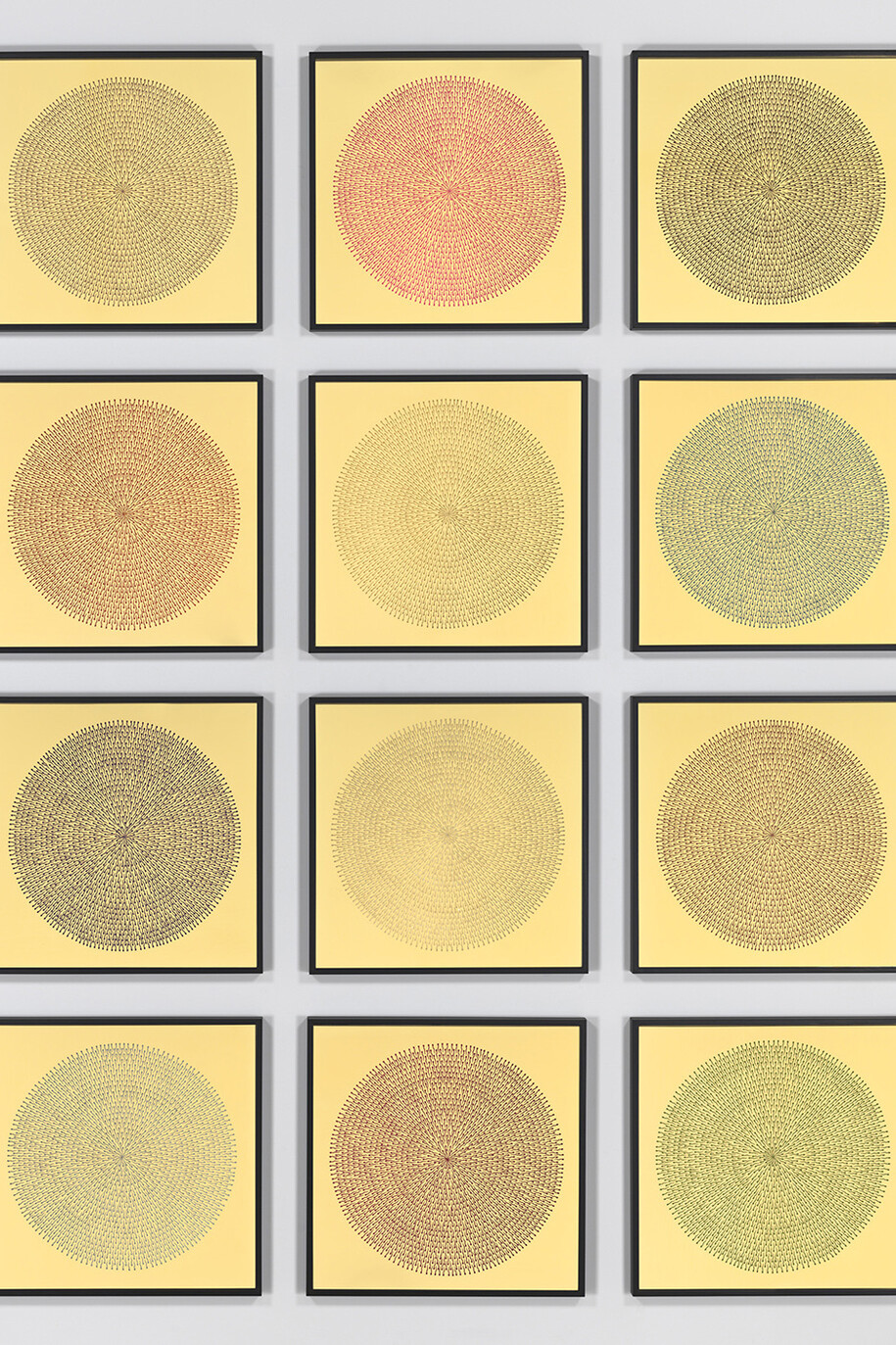 Bharti Kher, Sequence, 2013, Bindis on aluminum composite panel,  24 1/2 x 24 1/2 x 1 3/4 inches” each. Courtesy of Hauser & Wirth, London, Zürich
