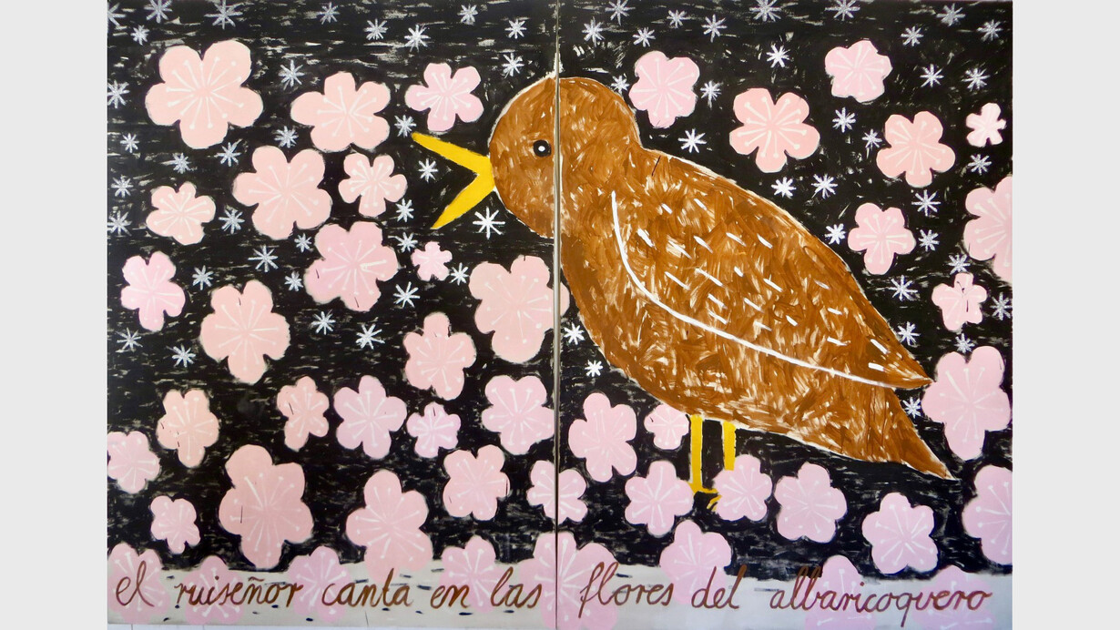 Gabrielle Graessle, El ruisenor canta en las flores del albericoquero (detail), 2020. Acrylic and glitter, Diptych: 70 x 50 3/4 x 1 1/4 each. Courtesy of the artist and Simchowitz Gallery