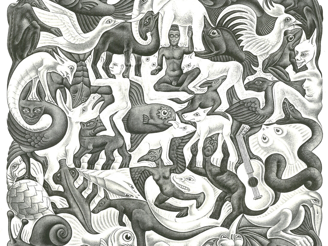 Maurits Cornelis Escher, Plane Filling II, 1957, Litografia, dettaglio, 31,50 x 37 cm, Collezione Giudiceandrea Federico, All M.C. Escher works © 2015 The M.C. Escher Company. All rights reserved