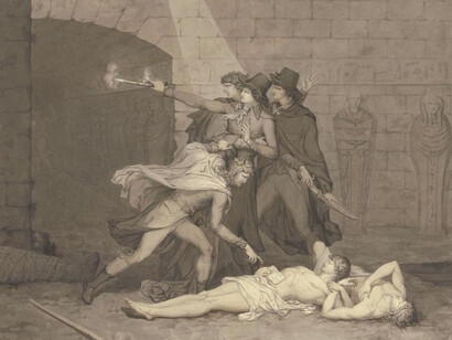 Augustin Félix Fortin (1763–1832)
Der Dichter Aaron Hill und drei weitere Ägypten-Reisende finden in einer Grabkammer zwei Leichname, 1790
Feder und Pinsel auf Büttenpapier, 297 × 388 mm
Städel Museum, Frankfurt am Main
© Städel Museum
