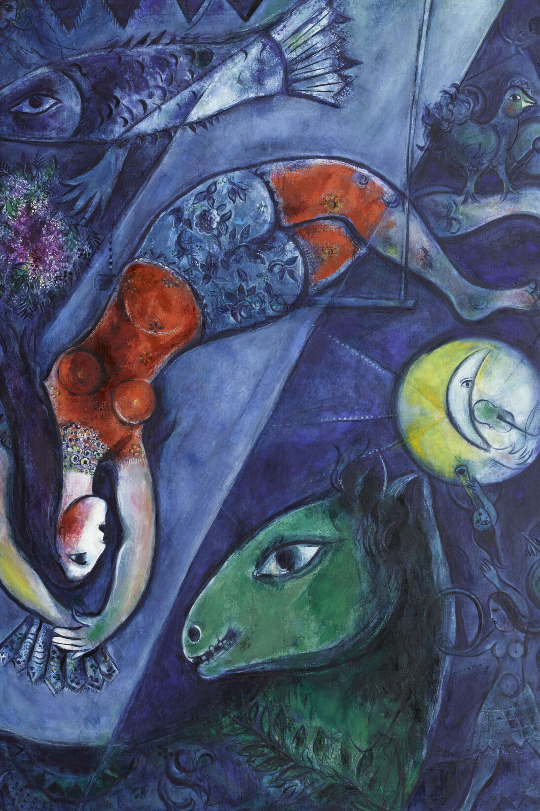 Marc Chagall (1887-1985), The Blue Circus, 1950-1952, oil on canvas, 232.5 × 175.8 cm. Nice, Musée national Marc Chagall (1887-1985) – on deposit from the Musée national d’art moderne – Centre Pompidou, Paris. © SODRAC & ADAGP 2016, Chagall ®. Photo © RMN-Grand Palais (musée Marc Chagall (1887-1985)) / Gérard Blot

