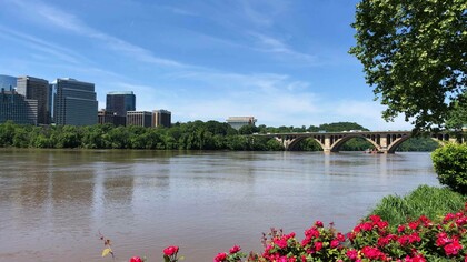 A view of Georgetown and the Potomac River on a sunny day. Photo by Jamie Edwards