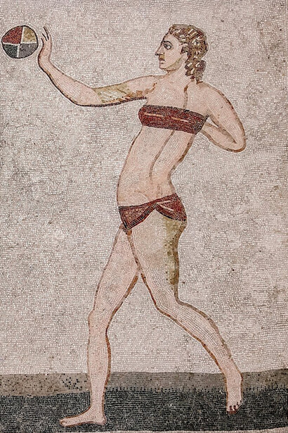 Fragmento Mosaico del piso de la Coronación del Ganador en la Cámara de las Diez Doncellas, s.IV d.C, Sala delle Dieci Ragazze.  Villa Romana del Casale, Piazza Armerina, Sicilia. Italia